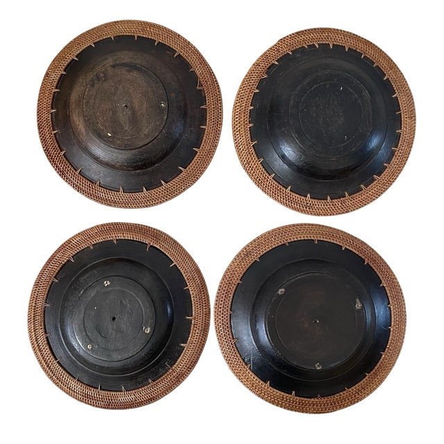 African Vintage Hand-Made Shell & Coin Inlay in Wood Woven Rattan Edge Chargers. Set of 4 For Sale - Image 3 of 3