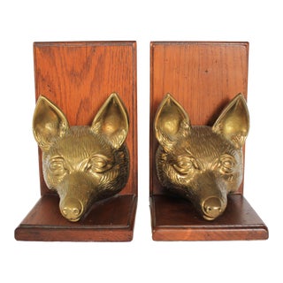 Vintage Pair of Brass Fox Head Bookends For Sale