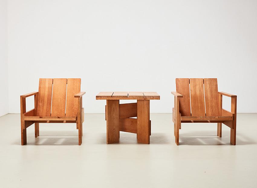 Crate Chairs and Table by Gerrit Rietveld for Cassina, 1979, Set