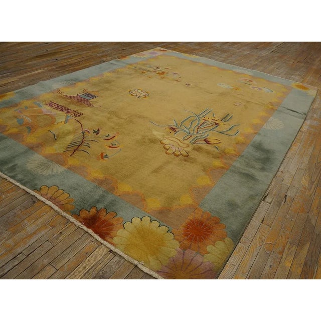 1920s Yellow Saffron Scene Modern Antique Chinese Art Deco Carpet by Nichols Atelier 8'10"x11'3" Knotted Wool Rug For Sale In New York - Image 6 of 12