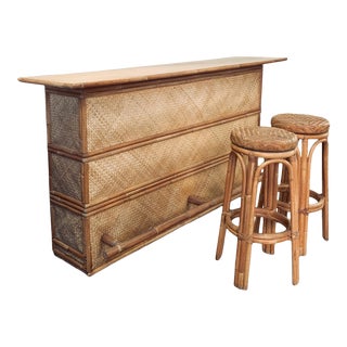 Vintage Mid Century Rattan 7-Foot Tiki Bar + Stools - 3 Pieces For Sale