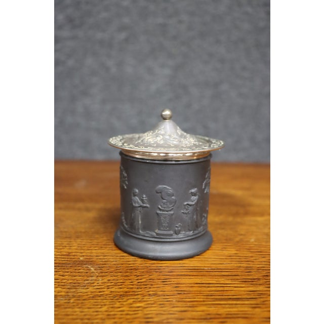 Late 19th Century Wedgwood Black Basalt Covered Jar With Silver-Plated Lid For Sale - Image 5 of 6