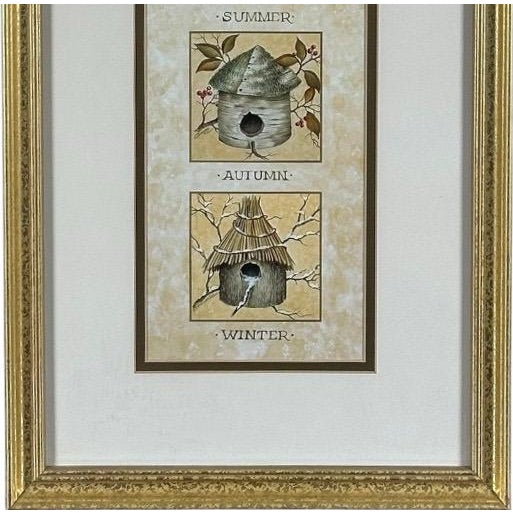 1990s Vintage Nancy J Shumaker Pallan Bird Beginnings Seasonal Framed Prints Pair For Sale - Image 5 of 11
