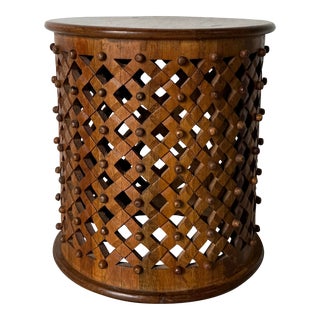 Vintage Carved Wood Criss-Cross Grained Drum Side Table For Sale