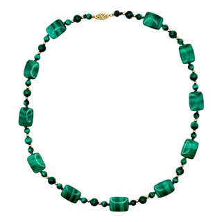 Vintage Malachite and 14k Gold Bead Necklace, 1990s For Sale