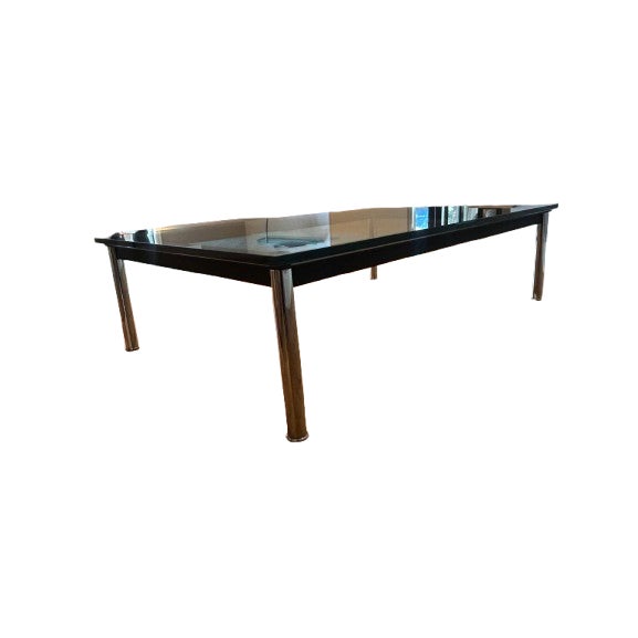 Authentic Cassina LC10-P rectangular coffee table in clear glass and polished chrome, designed by Le Corbusier, Pierre...