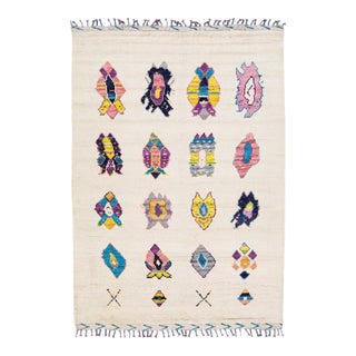 Modern Moroccan Style Handmade Ivory Boho Motif Wool Rug For Sale