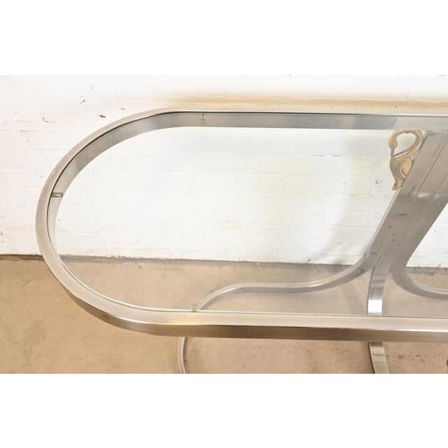 Metal Design Institute America Modern Brushed Steel and Brass Glass Top Swan Console Table For Sale - Image 7 of 12