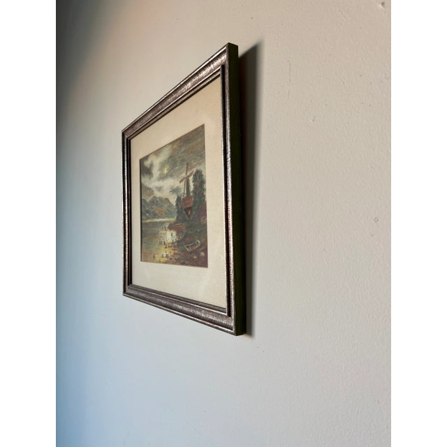 70's Vintage A. F. Drexon Landscape Cottage Windmill at the Riverside Watercolor Painting For Sale - Image 4 of 12