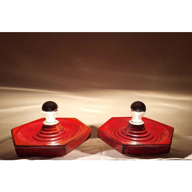 1970s Vintage German Flat Wall Lamps in Red Glazed Ceramic by Hustadt-Leuchten, 1970s, Set of 2 For Sale - Image 5 of 8