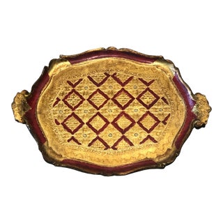 Vintage Italian Florentine Gilt & Red Wood Scalloped Tray For Sale