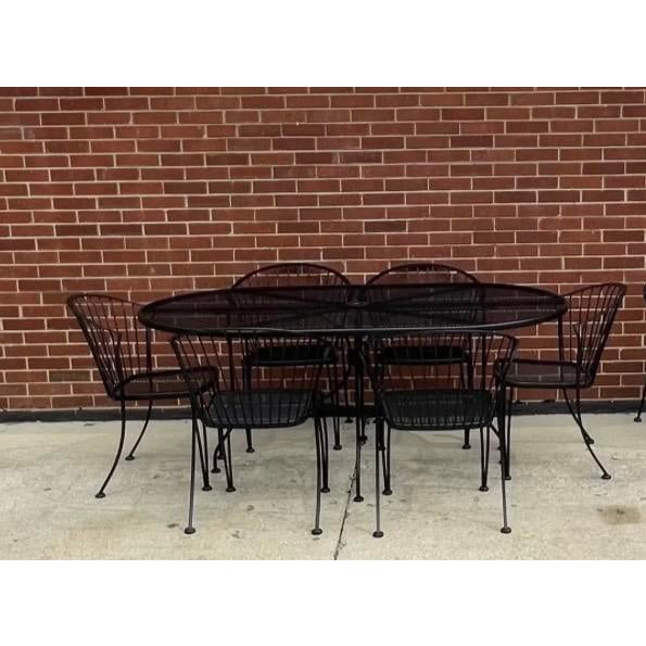 1990s Woodard Pinecrest Attributed Outdoor Wrought Iron Dining Set 7 Pieces For Sale - Image 4 of 12
