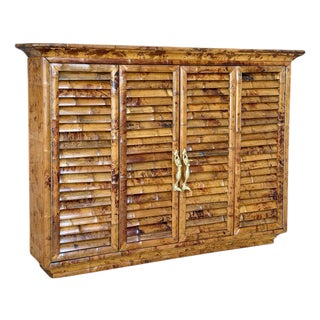 Vintage Bamboo Wall-Mounted Bar Cabinet With Accordion Doors & Mermaid Handles For Sale