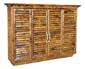 Vintage Bamboo Wall-Mounted Bar Cabinet With Accordion Doors & Mermaid Handles