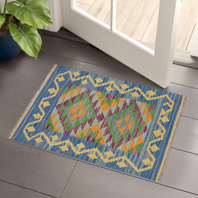 Rustic Turkish Kilim Blue Gold Hand-Woven Wool Rug For Sale - Image 4 of 9