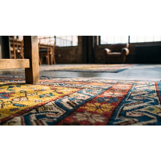 1870s Yellow Geometric Antique Caucasian Chi-Chi Rug 3'8" X 7'8" Knotted Pile Wool Carpet For Sale - Image 9 of 9