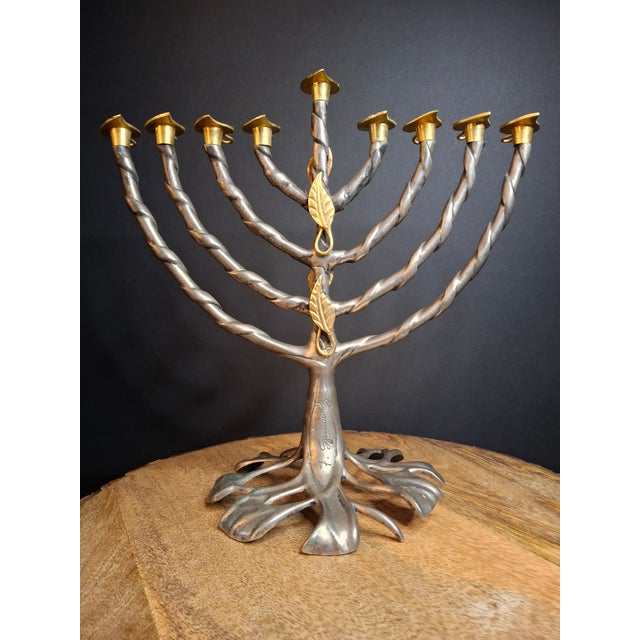 Contemporary VTG Fred Spinowitz Tree of Life Menorah Signed Judaica Silver Tone Brass Leaves For Sale - Image 3 of 18