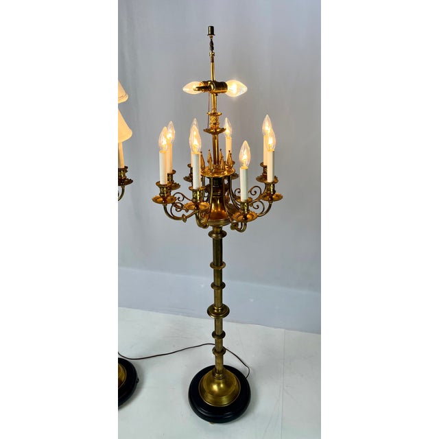 Mid 20th Century Neoclassical 10-Light Brass Candelabra Floor Lamps With Shades - a Pair For Sale - Image 10 of 17