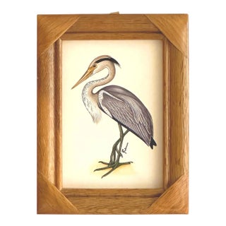 Original Hand-Painted Egret Miniature Painting in a Vintage Frame For Sale