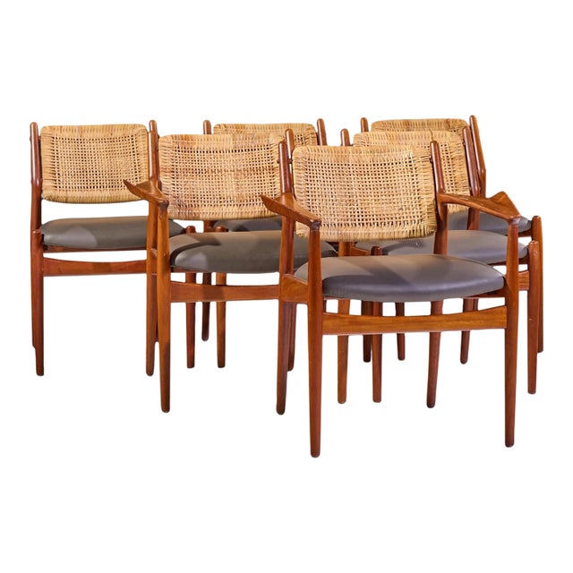 Arne Vodder for Sibast Model 51 Mid Century Danish Teak and Cane Dining Chairs - Set of 6 For Sale