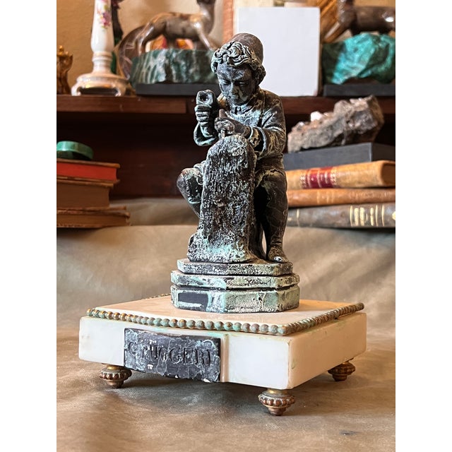 Bronze Finish Plaster Figure of Young Michelangelo on the Antique Marble Base For Sale - Image 9 of 11