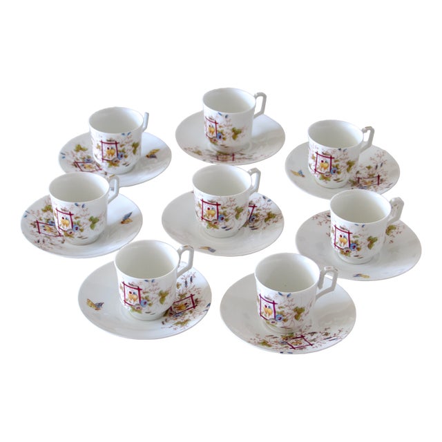 Service of Polychrome Porcelain Cups with Bird Decoration, 1920s, Set of 8 For Sale