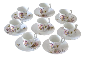 Service of Polychrome Porcelain Cups with Bird Decoration, 1920s, Set of 8