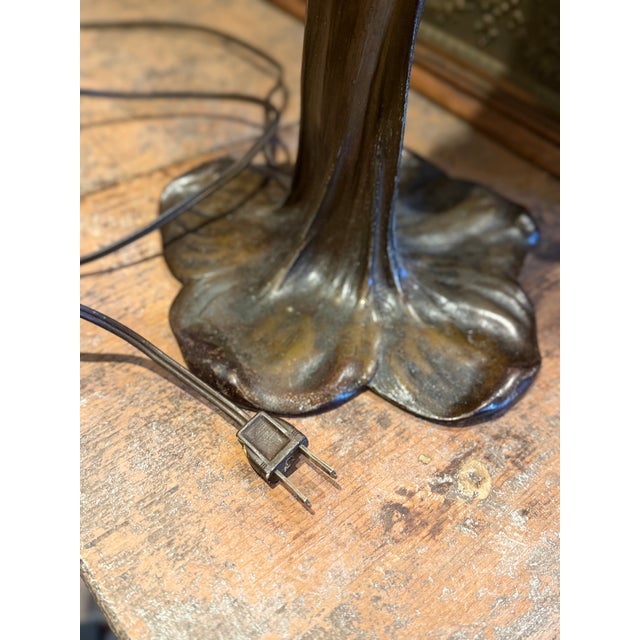 Antique Art Nouveau Cast Bronze Figural Lamp Signed J. Causse Ruby Red Stained Glass Shade c.1900 For Sale - Image 14 of 16