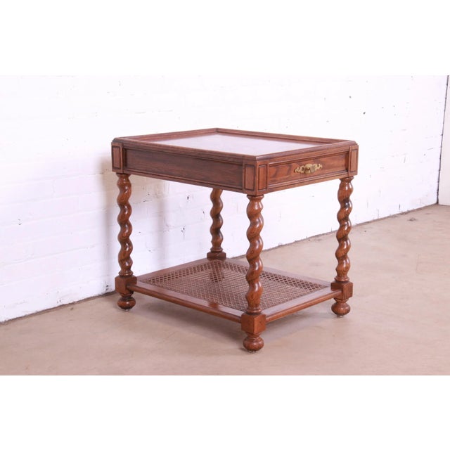 Baker Furniture Company 1970s Baker Furniture English Barley Twist Oak, Burl - and Cane Tea Table For Sale - Image 4 of 13