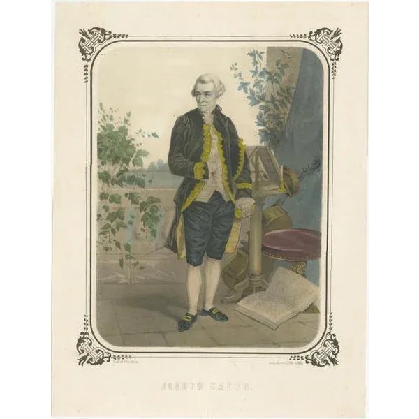 Antique print titled 'Joseph Haydn'. Old portrait of Franz Joseph Haydn. The portrait showcases a full-length view of...