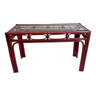 Vintage Red Split Reed and Rattan Glass Top Console Entry Table - Newly Painted For Sale