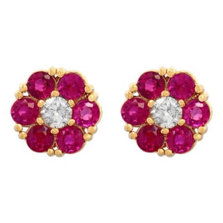 3 Carat Ruby & Diamond Floral Cluster Flower Stud Earrings 14 Karat Yellow Gold For Sale