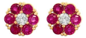 3 Carat Ruby & Diamond Floral Cluster Flower Stud Earrings 14 Karat Yellow Gold