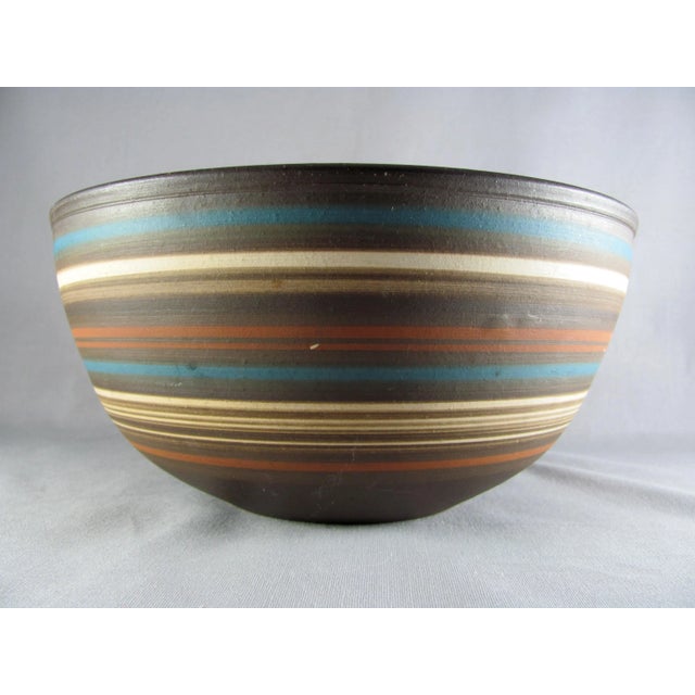 Mid-Century Modern 1970s Israel Rina Peleg Style Blue & Brown Striped Studio Art Pottery Salad Bowl For Sale - Image 3 of 11