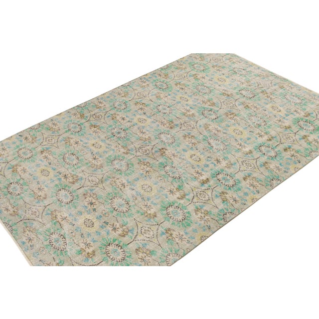 Art Deco 1960s Hand-Knotted Distressed Vintage Rug in Green, Beige-Brown Floral Pattern For Sale - Image 3 of 6