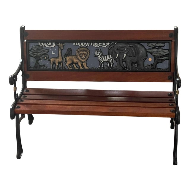 Childrens Safari Animals Themed Hand Painted Cast Iron & Mahogany Garden Bench For Sale