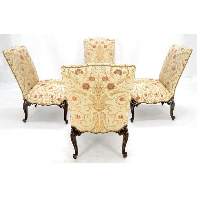Set 4 Floral Gold & Red Upholstery Fine Carved Legs Slipper Lounge Chairs MINT! For Sale - Image 9 of 12