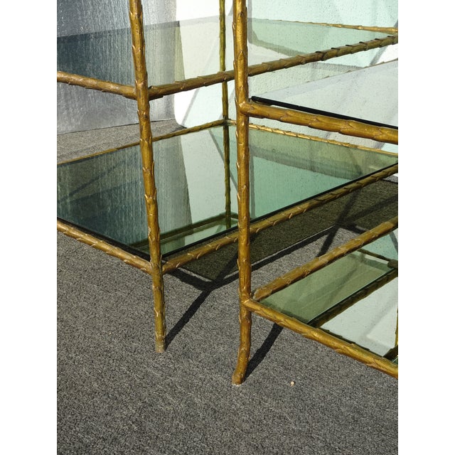 Pair of Vintage Three Tier Brass Bronze Side Tables W Etched Leaf Frames For Sale - Image 15 of 18