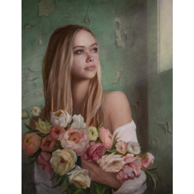 The Light Always Shines Through by Kelly Birkenruth | Oil on Panel Portrait of a woman with flowers For Sale