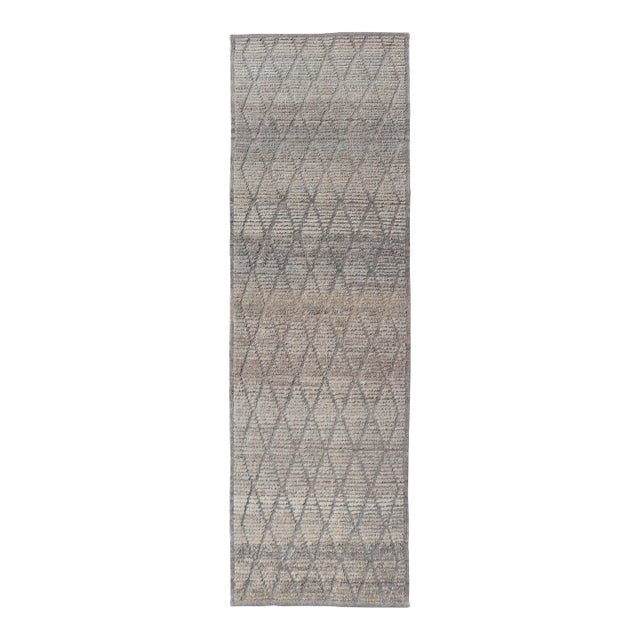 Modern Hand-Knotted Moroccan Rug With Diamond Design in Gray and Neutral Tones 2'9 X 9'5 For Sale
