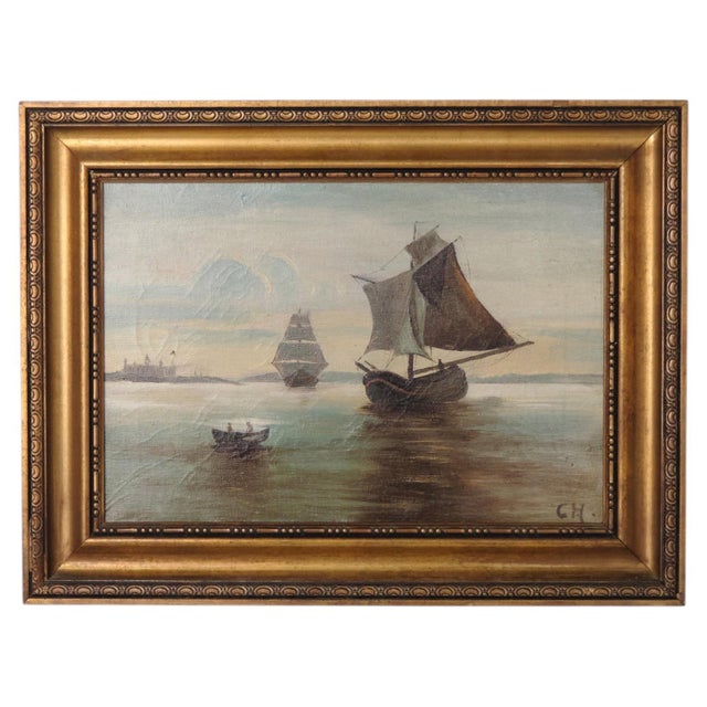 Blue Three Sailing Ships Near Kronborg Castle in Gilt Frame, 1890s-1910s, Painting on Canvas, Framed For Sale - Image 8 of 8