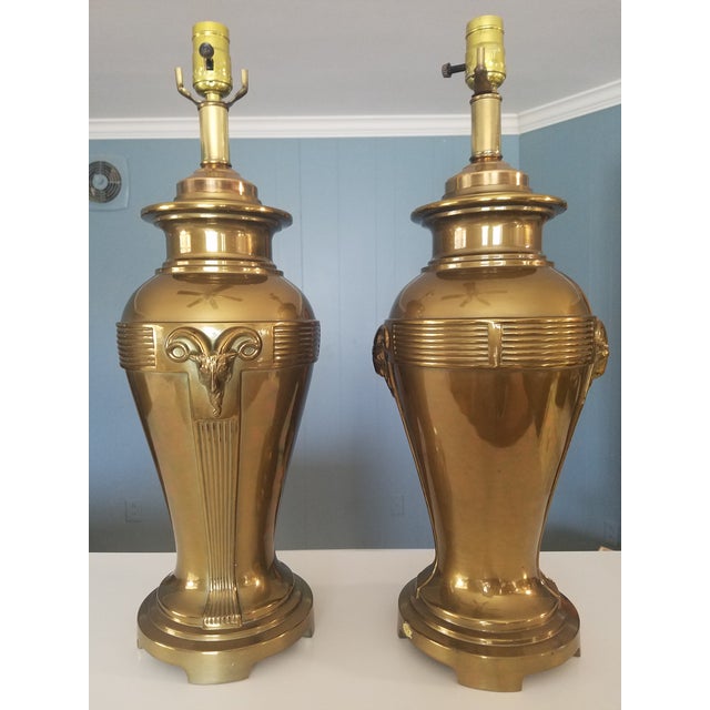 Vintage Brass Lamps With Rams Head Motif - a Pair For Sale - Image 4 of 13