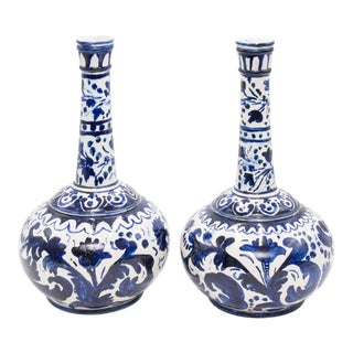 Large European Blue & White Long Neck Bottle Vases - a Pair For Sale