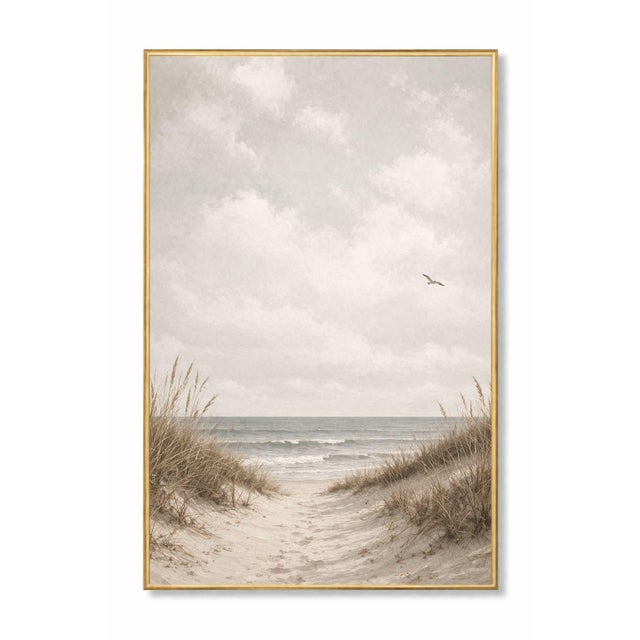 Minimalist coastal artwork featuring a sandy dune path leading to soft ocean waves beneath an open sky. The composition...