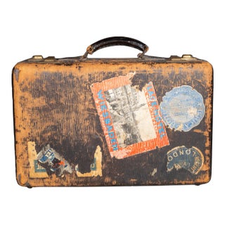 Vintage Suitcase With Original Travel Stickers C.1950 For Sale