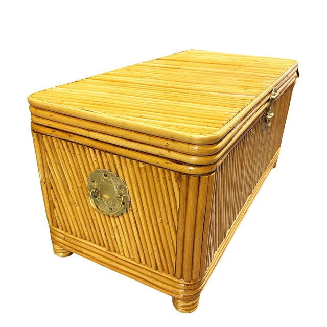 Wood Restored Mid-Century Split Reed Rattan & Pine Trunk W/ Brass Paktong Latch For Sale - Image 7 of 13