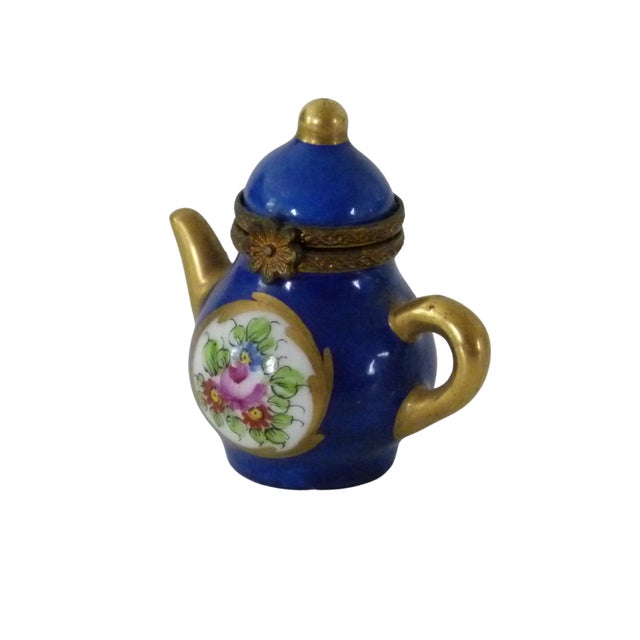 1990s Limoges France Miniature Teapot Trinket Box | Peint Main | Cobalt Blue & Gold Porcelain | Signed For Sale - Image 5 of 10