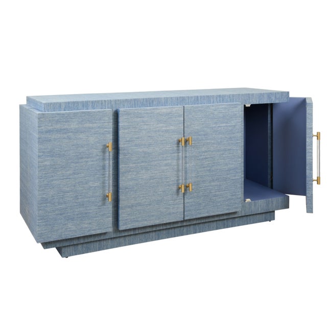 Worlds Away Matthew Izzo Home Steele Blue Grasscloth Four Door Wrap Around Modern Buffet With Acrylic and Brass Hardware For Sale - Image 4 of 7