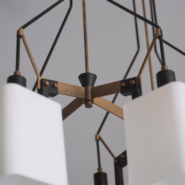 Italian Six-Light Chandelier in Brass, Black Metal and Opaline Glass, 1950s For Sale - Image 6 of 16