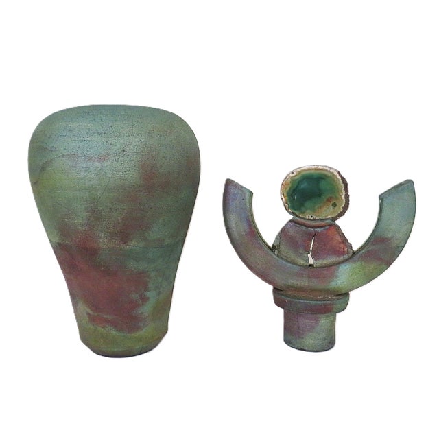FREE SHIPPING ANYWHERE IN THE CONTINENTAL US! This is a unique Raku ceramic vase/urn with geode lid. Shades of green and...